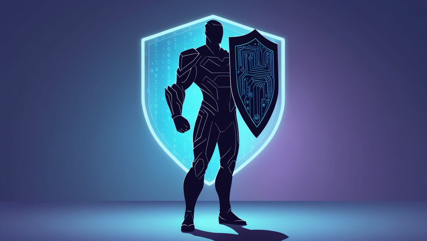 A majestic silhouette of a powerful figure, set against a subtle gradient of blues and purples, representing trust and security, standing tall with a strong, geometric shield adorned with intricate circuitry patterns, symbolizing the protection of personal data, the shield's surface reflecting a faint glow of binary code, with the person's face obscured, conveying anonymity, their body language conveying strength and vigilance, with clean lines and minimal shading, evoking a sense of modernity and sophistication, the entire composition framed by a subtle, rounded rectangle with a faint drop shadow, giving the impression of a digital icon or badge.