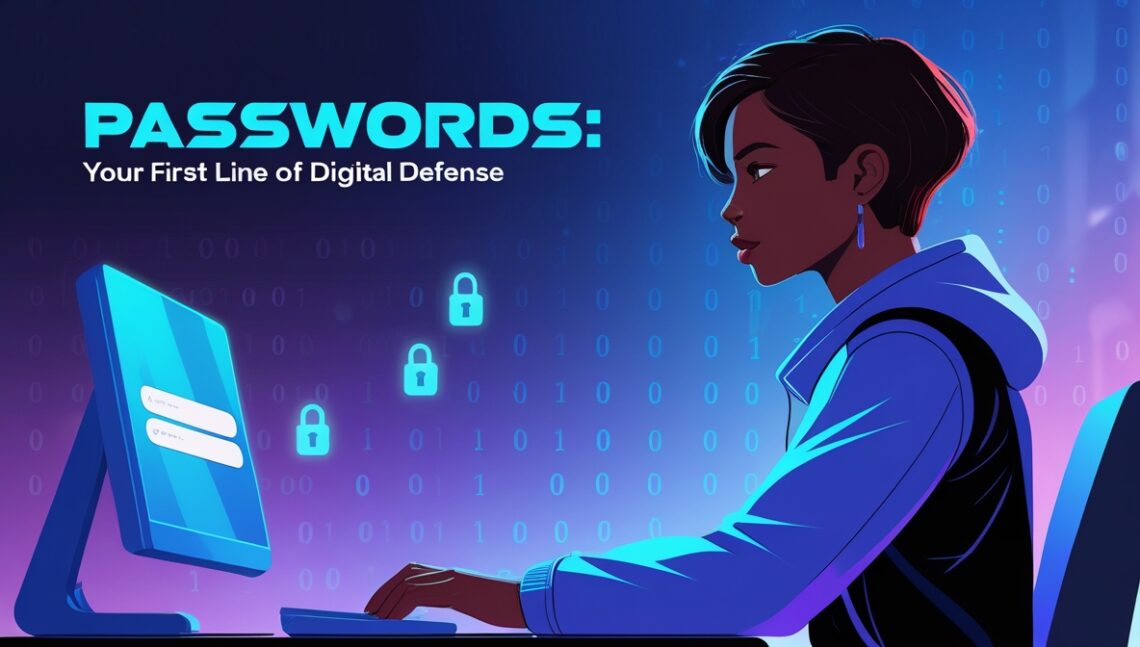 A futuristic illustration of a person sitting in front of a computer, having medium brown skin and short dark hair, looking directly at the screen, set against a blurred background of 1s and 0s in a subtle gradient of blue and purple hues, with a password input field on the screen in a sleek, modern font, and a few faint locks and shields in the background, symbolizing security and protection, with the title Passwords: Your First Line of Digital Defense written in a bold, futuristic font at the top of the image in a bright, electric blue color, serving as a reminder of the importance of strong passwords in the digital age.