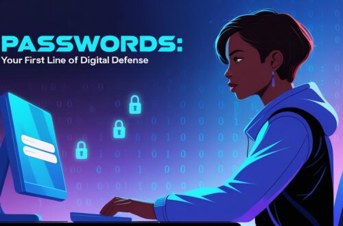 A futuristic illustration of a person sitting in front of a computer, having medium brown skin and short dark hair, looking directly at the screen, set against a blurred background of 1s and 0s in a subtle gradient of blue and purple hues, with a password input field on the screen in a sleek, modern font, and a few faint locks and shields in the background, symbolizing security and protection, with the title Passwords: Your First Line of Digital Defense written in a bold, futuristic font at the top of the image in a bright, electric blue color, serving as a reminder of the importance of strong passwords in the digital age.