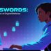 A futuristic illustration of a person sitting in front of a computer, having medium brown skin and short dark hair, looking directly at the screen, set against a blurred background of 1s and 0s in a subtle gradient of blue and purple hues, with a password input field on the screen in a sleek, modern font, and a few faint locks and shields in the background, symbolizing security and protection, with the title Passwords: Your First Line of Digital Defense written in a bold, futuristic font at the top of the image in a bright, electric blue color, serving as a reminder of the importance of strong passwords in the digital age.