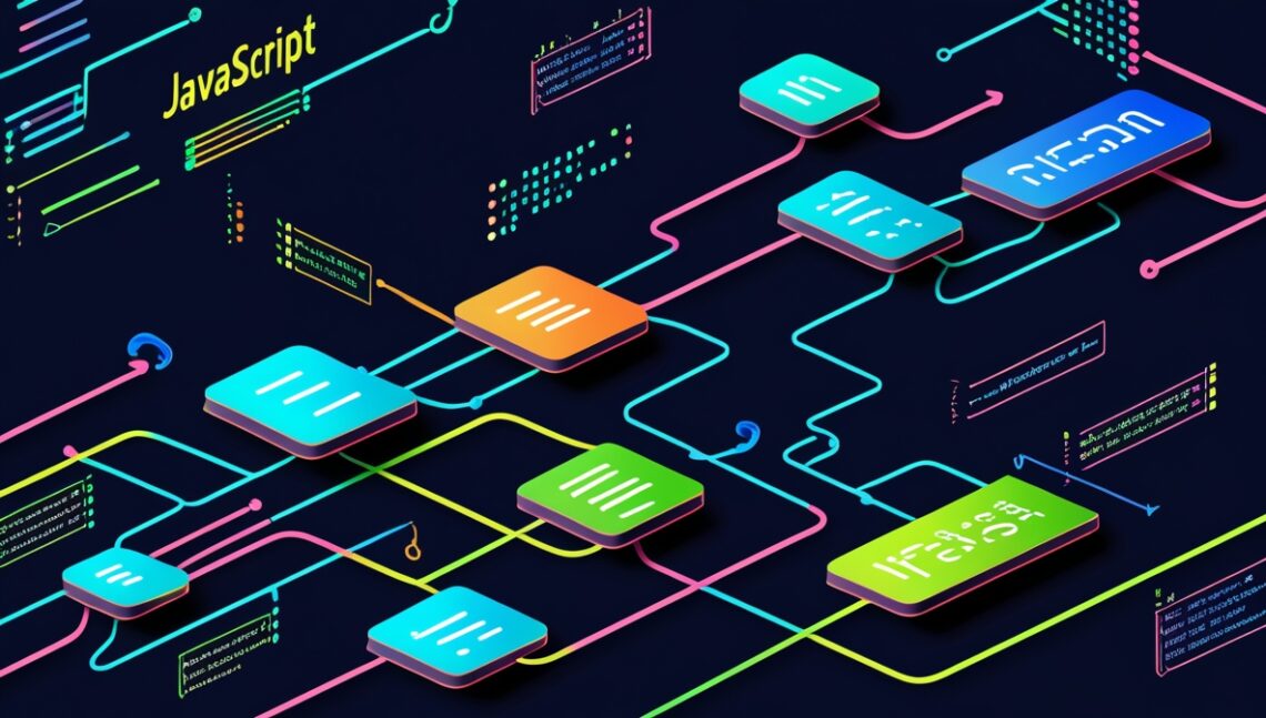 Abstract representation of JavaScript functions, interconnected nodes and flowcharts, colorful code syntax flowing like digital rivers, dark background with neon blue and green accents, modern tech illustration, clean and professional, suitable for programming blog header