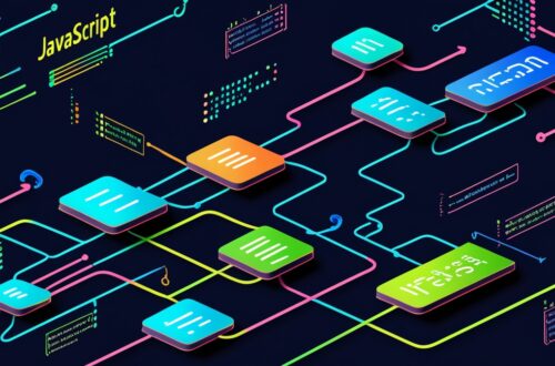 Abstract representation of JavaScript functions, interconnected nodes and flowcharts, colorful code syntax flowing like digital rivers, dark background with neon blue and green accents, modern tech illustration, clean and professional, suitable for programming blog header