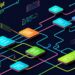 Abstract representation of JavaScript functions, interconnected nodes and flowcharts, colorful code syntax flowing like digital rivers, dark background with neon blue and green accents, modern tech illustration, clean and professional, suitable for programming blog header