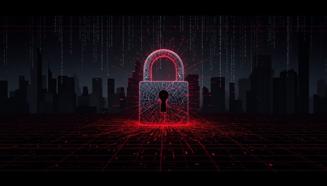 A cracked digital padlock at the center of a dark screen, with streams of red data pouring out through the fracture lines like bleeding code. Around it, faint silhouettes of corporate buildings recede into shadow. The overall mood is tense and cinematic — deep blacks, crimson accents, and a faint grid overlay suggesting a network topology. Highly detailed, photorealistic digital art style.