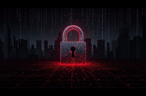 A cracked digital padlock at the center of a dark screen, with streams of red data pouring out through the fracture lines like bleeding code. Around it, faint silhouettes of corporate buildings recede into shadow. The overall mood is tense and cinematic — deep blacks, crimson accents, and a faint grid overlay suggesting a network topology. Highly detailed, photorealistic digital art style.