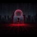 A cracked digital padlock at the center of a dark screen, with streams of red data pouring out through the fracture lines like bleeding code. Around it, faint silhouettes of corporate buildings recede into shadow. The overall mood is tense and cinematic — deep blacks, crimson accents, and a faint grid overlay suggesting a network topology. Highly detailed, photorealistic digital art style.