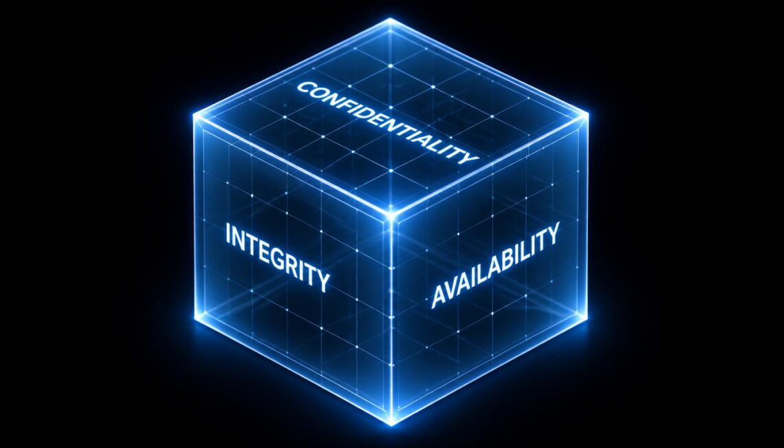 A glowing three-dimensional cube floating in a dark void, each face labeled with a dimension of information security — confidentiality, integrity, availability — rendered in clean sans-serif type. The cube is semi-transparent, with interior geometric lines suggesting a grid structure. Dramatic rim lighting in blue and white. Isometric perspective. Futuristic technical illustration style, no decorative elements.
