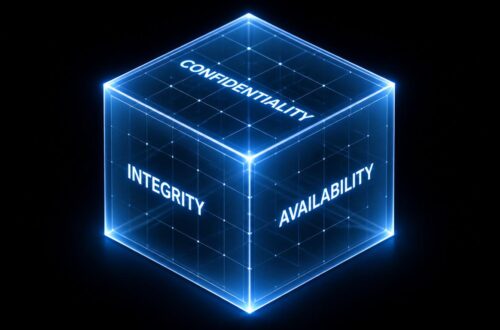 A glowing three-dimensional cube floating in a dark void, each face labeled with a dimension of information security — confidentiality, integrity, availability — rendered in clean sans-serif type. The cube is semi-transparent, with interior geometric lines suggesting a grid structure. Dramatic rim lighting in blue and white. Isometric perspective. Futuristic technical illustration style, no decorative elements.