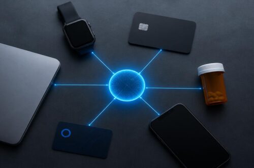 An overhead flat-lay of everyday objects — a smartwatch, a credit card, a prescription pill bottle, a smartphone, a loyalty card, and a laptop — arranged in a circle, each connected by thin glowing lines to a central orb labeled "Your Data." Cool, clinical lighting. Minimalist editorial aesthetic. Muted tones with a single highlight color (electric blue). No text on objects, photorealistic product style.