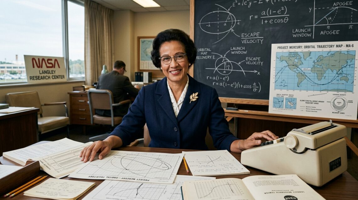Katherine Johnson at her NASA calculator with orbital trajectory equations and space mission diagrams, representing her crucial role in American space exploration