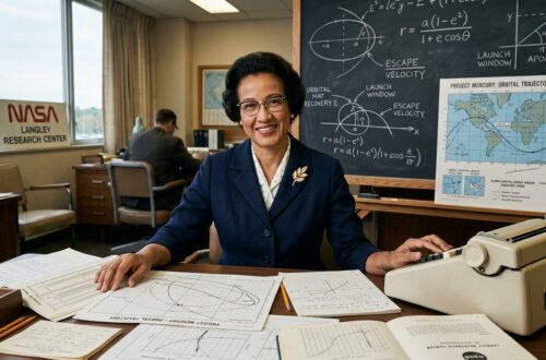 Katherine Johnson at her NASA calculator with orbital trajectory equations and space mission diagrams, representing her crucial role in American space exploration