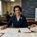 Katherine Johnson at her NASA calculator with orbital trajectory equations and space mission diagrams, representing her crucial role in American space exploration
