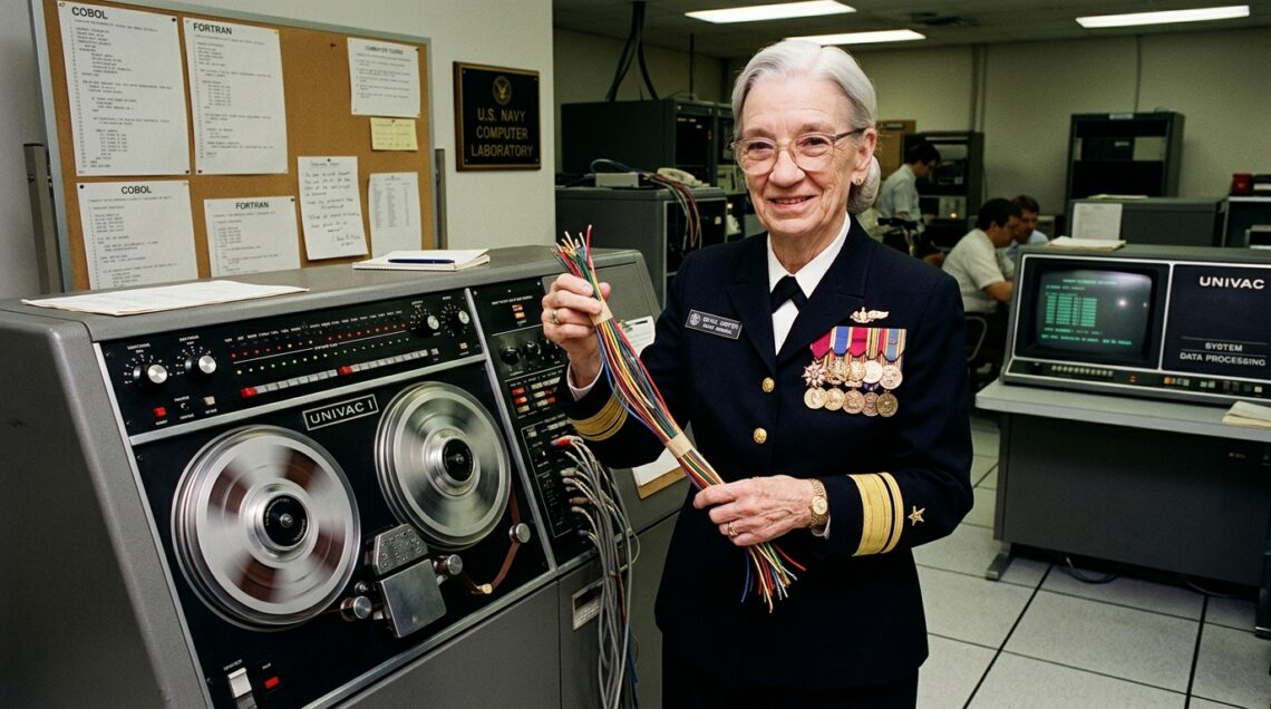 Grace Hopper at her computer terminal with programming code and early computer systems, representing her pioneering role in software development and compiler creation