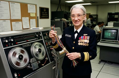 Grace Hopper at her computer terminal with programming code and early computer systems, representing her pioneering role in software development and compiler creation