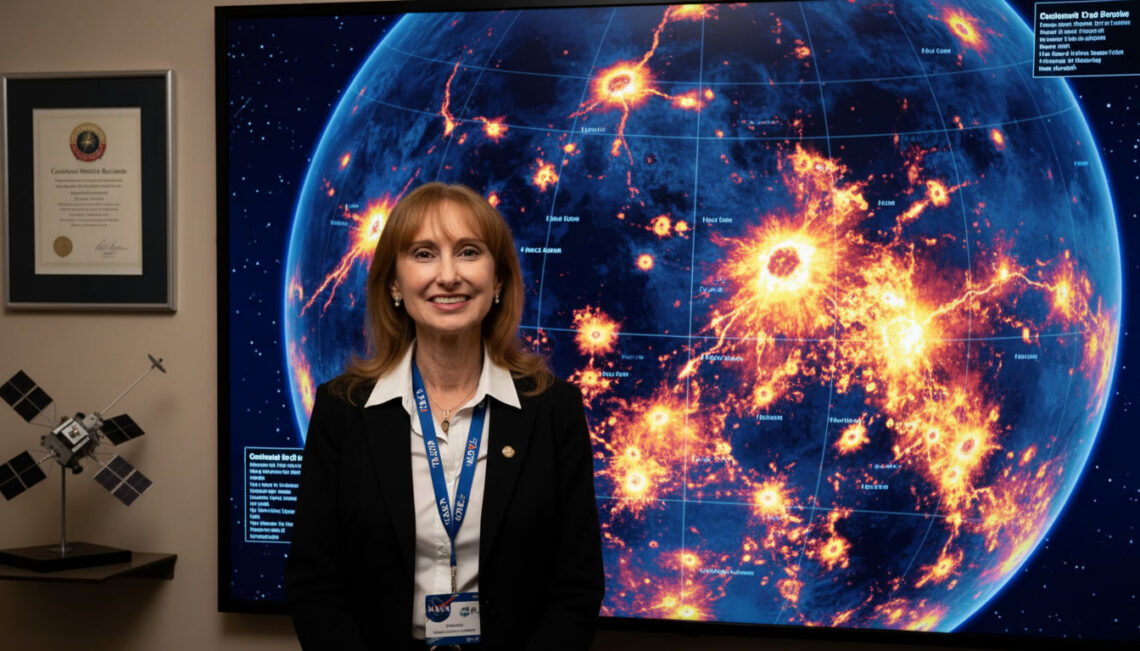 Rosaly Lopes, Brazilian planetary scientist at NASA's Jet Propulsion Laboratory, studying infrared images of volcanic hotspots on Jupiter's moon Io, holding a Guinness World Record for discovering 71 active volcanoes