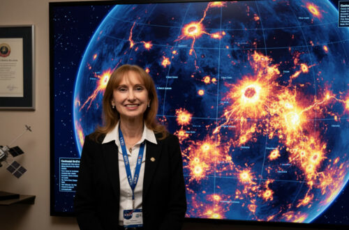 Rosaly Lopes, Brazilian planetary scientist at NASA's Jet Propulsion Laboratory, studying infrared images of volcanic hotspots on Jupiter's moon Io, holding a Guinness World Record for discovering 71 active volcanoes